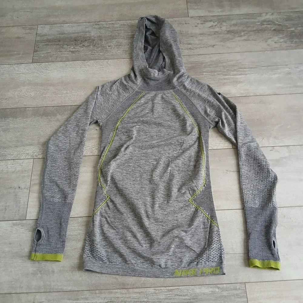 Nike Pro Therma FIT ADV TechKnit Hoodie Gray Green Thumb Hole‎ Pullover Womens S